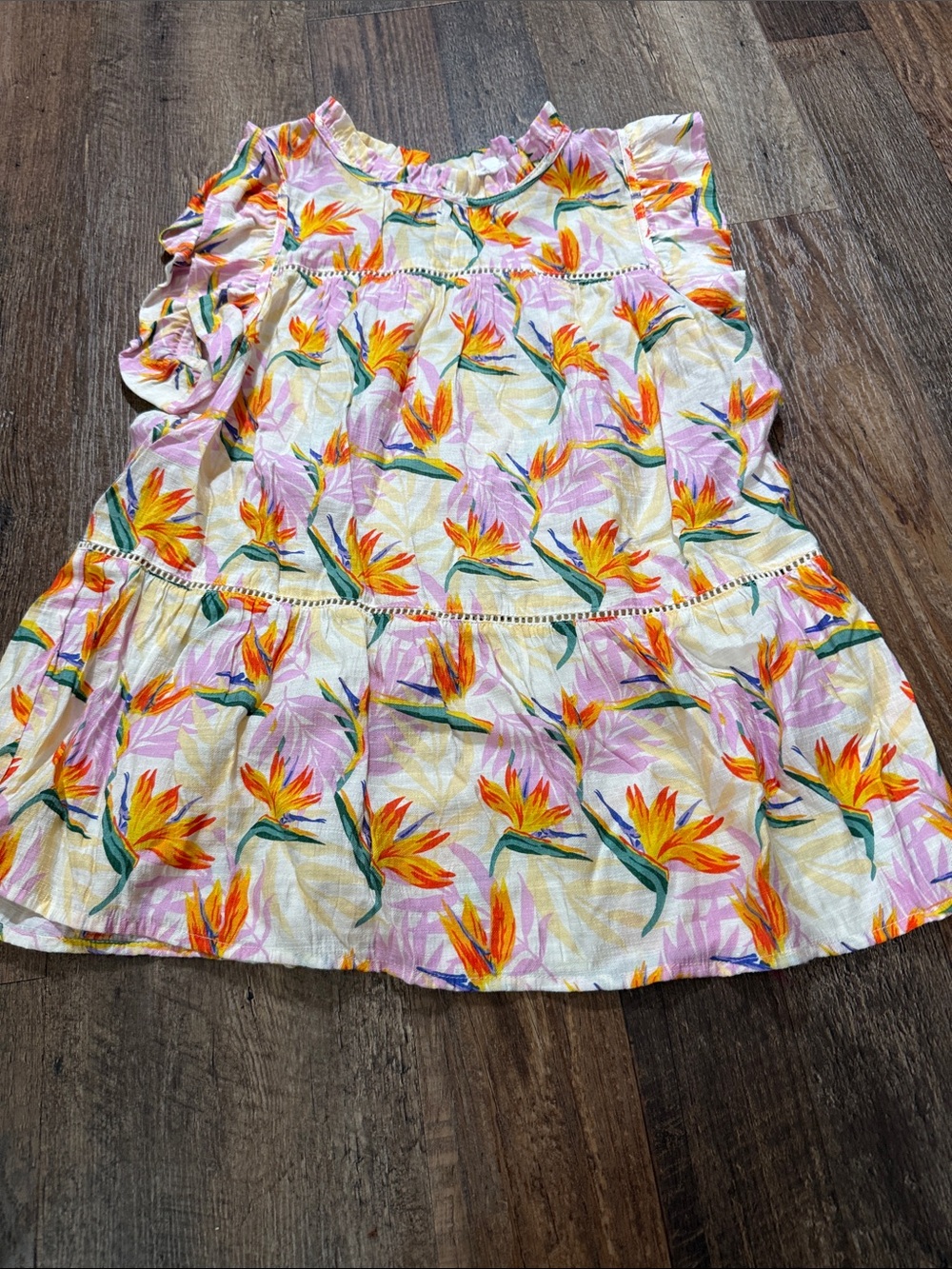 THML White Dress with Pink and Yellow Floral Bird of Paradise Print